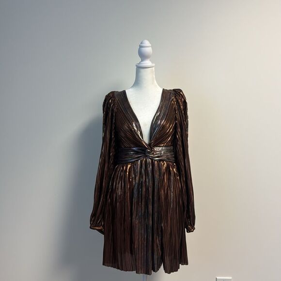 Free People Sabina Musayev Wendy Dress Gold Deep V Metallic Mini M - Picture 2 of 8